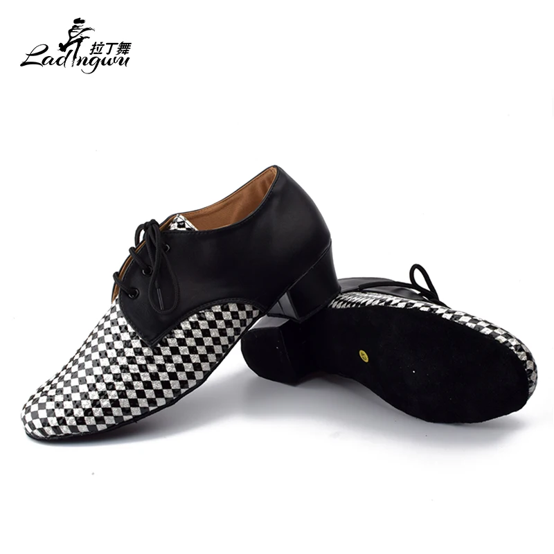 Ladingwu Modern Men\'s Ballroom Dance Shoes Rhombus pattern PU and Microfiber Synthetic Leather Latin Dance Shoes Men Heel 2.5cm