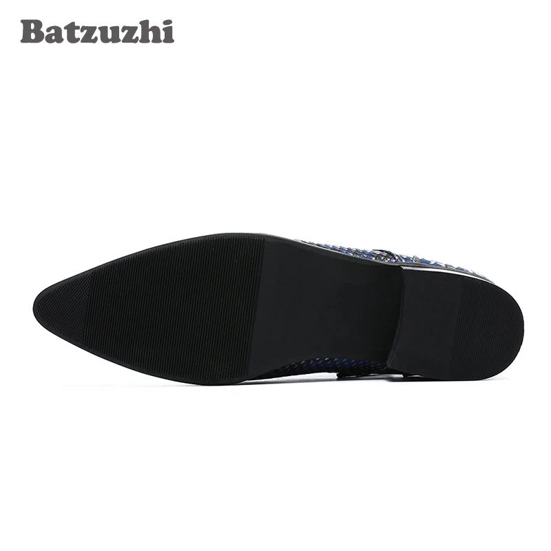Batzuzhi Luxury Men Boots Short Ankle Leather Boots Fashion Fish scale Leather Lace-up Pointed Toe Blue Party Boots Botas Hombre image 5