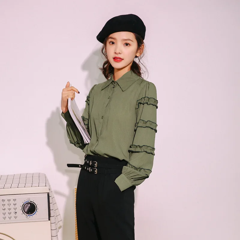 Spring New Green Chiffon Shirt Women Korean Temperament Chic Long Sleeve Blouse Girl Loose Solid Color Preppy Style Top H9169