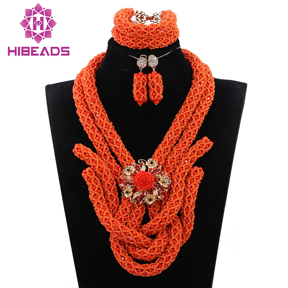 

2017 Nigerian Wedding Bib Jewelry Set Exclusive Coral Orange Crystal Bridal Beads Statement Necklace Set Free Shipping ABH313