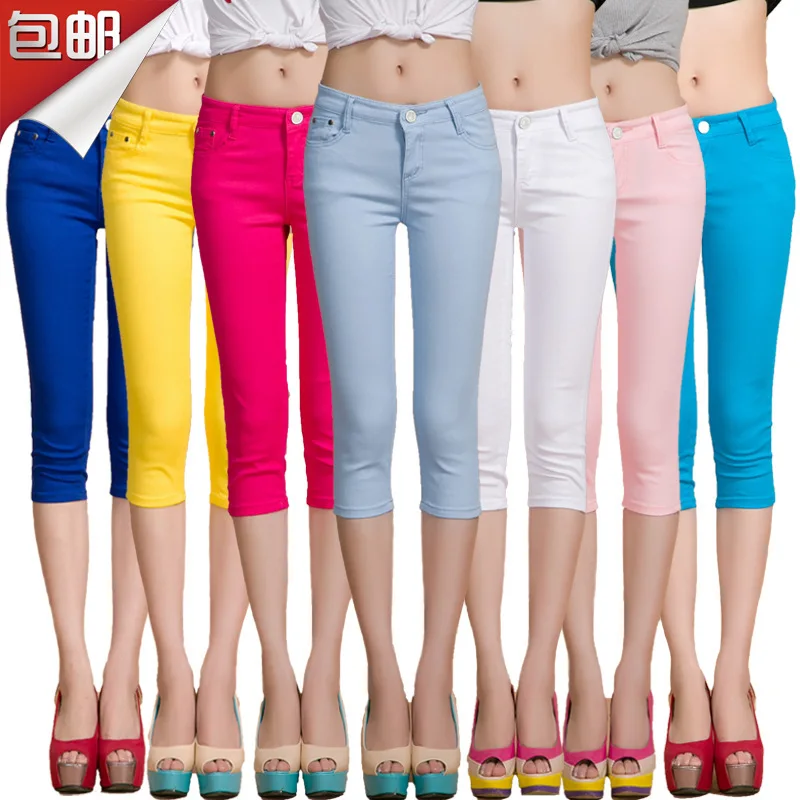 Pants Women Elastic Jeans Candy Color Tight Pencil Pants For Women Clothing 2021Casual Trousers Mid Waist Calf-Length Y2K Pants