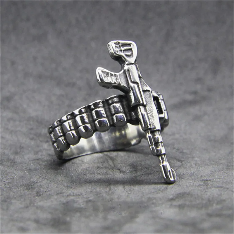 

1pc Newest Design Bullets Gun Ring 316L Stainless Steel Jewelry Hiphot Style Men Boys Machine Gun Ring