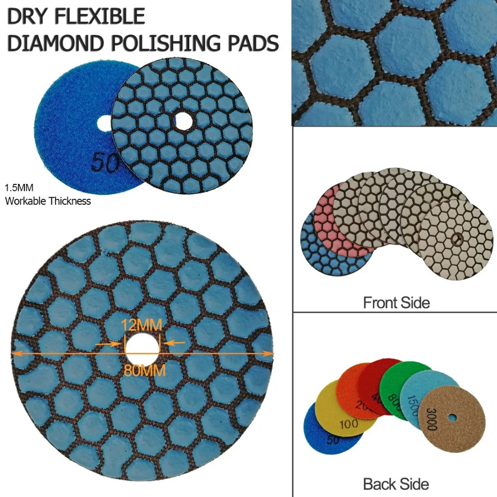 SHDIATOOL 7pcs/set 80mm Diamond Flexible Dry polishing Pad & 1pc Aluminum Based Backer Granite Marble Ceramic 3\