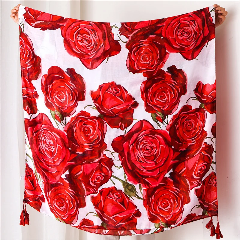 2019 Fashion Big Rose Print Tassel Scarves Shawls Beautiful Cotton Floral Muslim Muffler Hijab Wrap 10pcs/LOT Wholesale