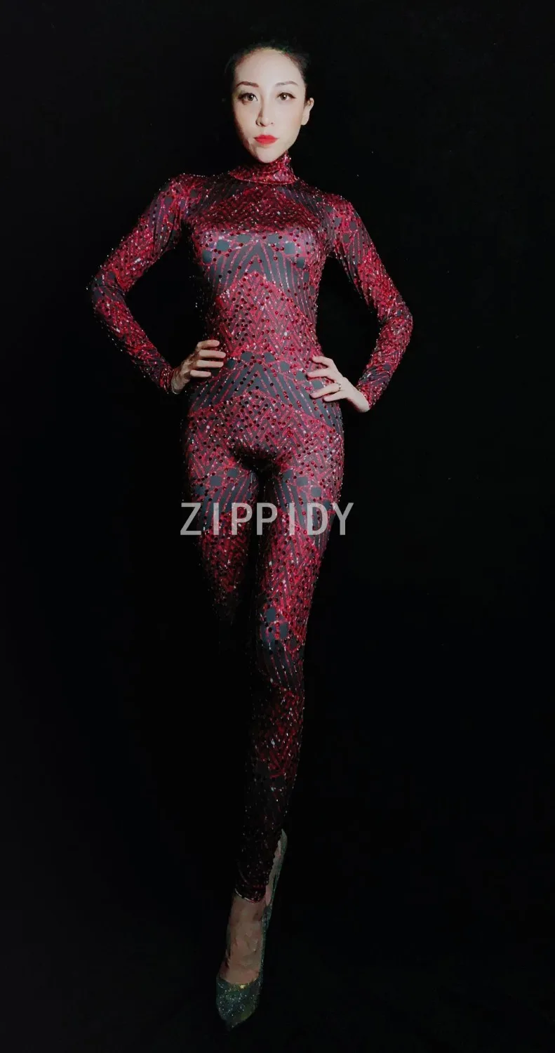 Full Red Rhinestones Spandex Bling Jumpsuit Women's Birthday Party Celebrate Outfit Bar Female Singer Bodysuit Evening Clothes