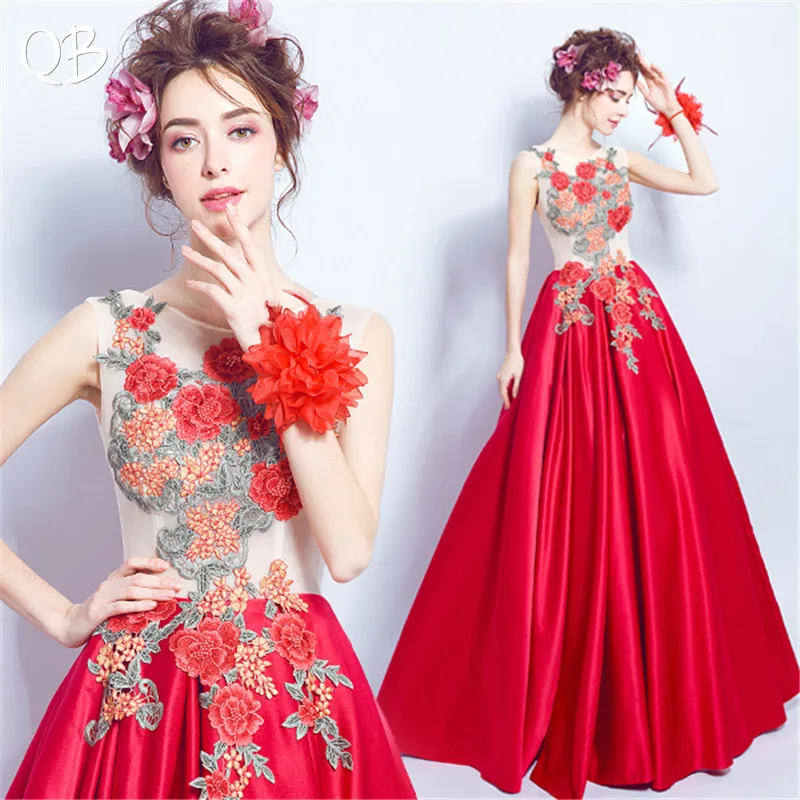 Vestido de noite vermelho acetinado com apliques florais, elegante, longo, formal, vestido de baile, nova moda 2019, xh93