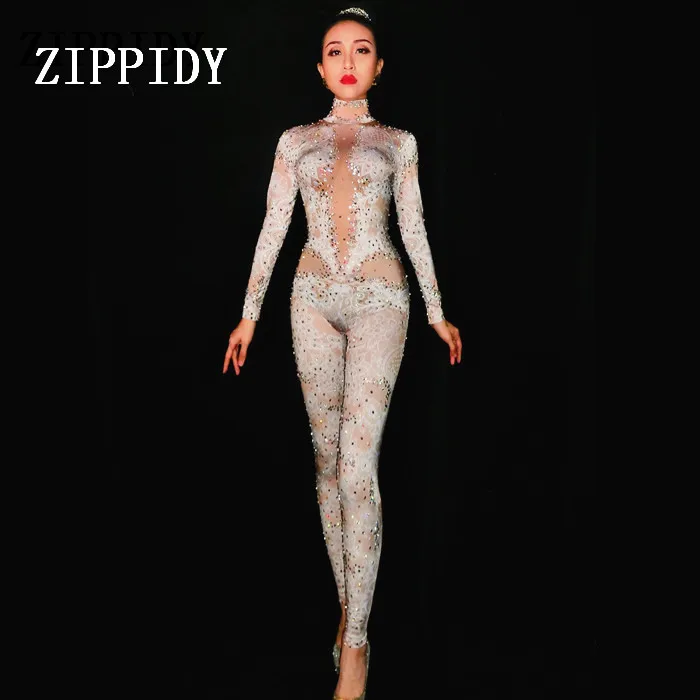 Fashion Rhinestones Jumpsuit Leggings Stretch Sexy Costume Women Nightclub Party Wear Dance Bodysuit Fashion Rompers