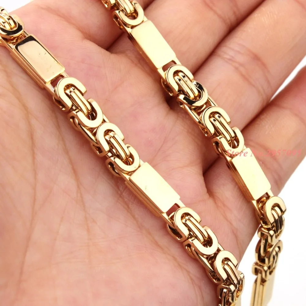 6mm 55cm/22cm set Men Bracelet Byzantine Link Chain Gold Tone Stainless Steel Necklace Bangle women punk rock jewelry cool gift