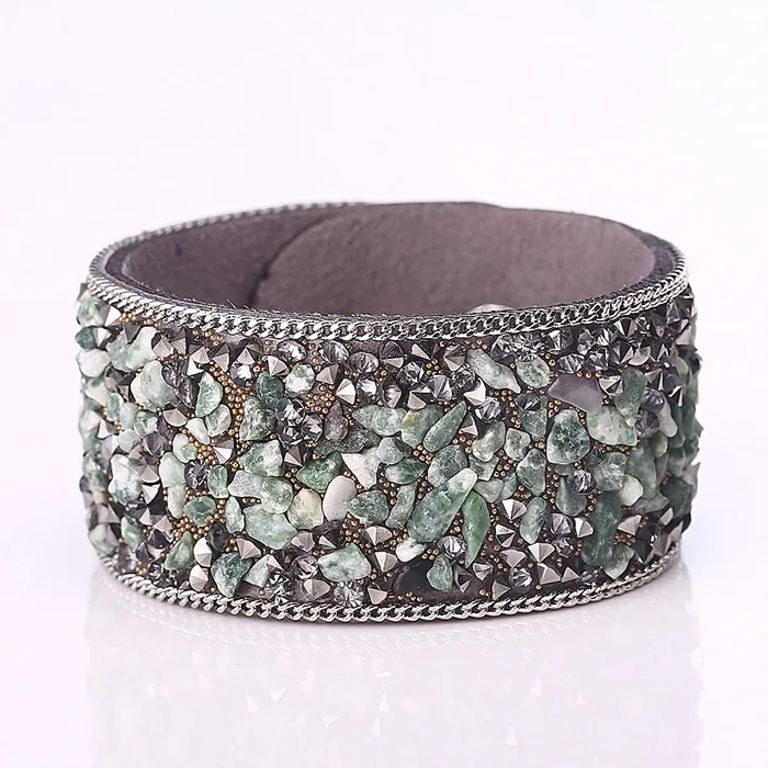 Christmas Gifts Fashion Wrap Cuff Bracelets Slake Leather Bracelet With Crystals Natural Stone For Women Girls Jewelry 2.8*21CM