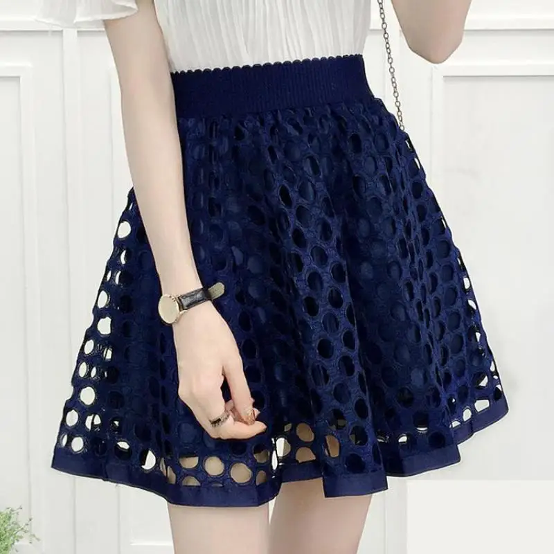 

Zuolunouba Summer Fashion Casual Beaded Embroidery Floral Harajuku Wild Lace Mesh High Waist Female Mini Puff Skirt