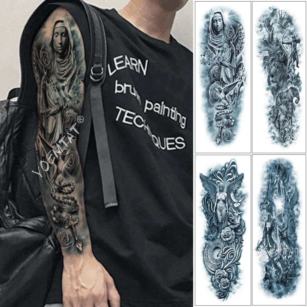 Large Arm Sleeve Tattoo Rose Rosary Virgin Mary Waterproof Temporary Tattoo Sticker Saint Angel Men Full Skull Totem Tatoo