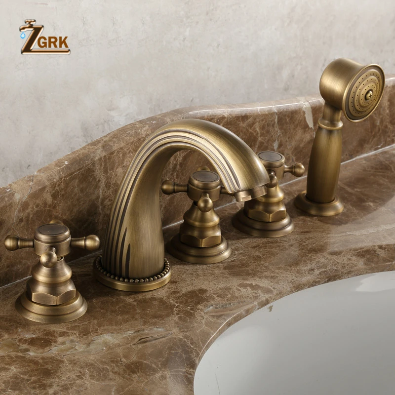 ZGRK Brass Classtic Bathtub Mixer Faucet Set with Handheld Shower Deck Mounted 5 Holes Hot and Cold Taps