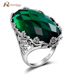 Russian Green Stone Crystal Ring Big Stone Flower Pattern Pure 925 Solid Sterling Silver Ring For Woman Classic Vintage Jewelry