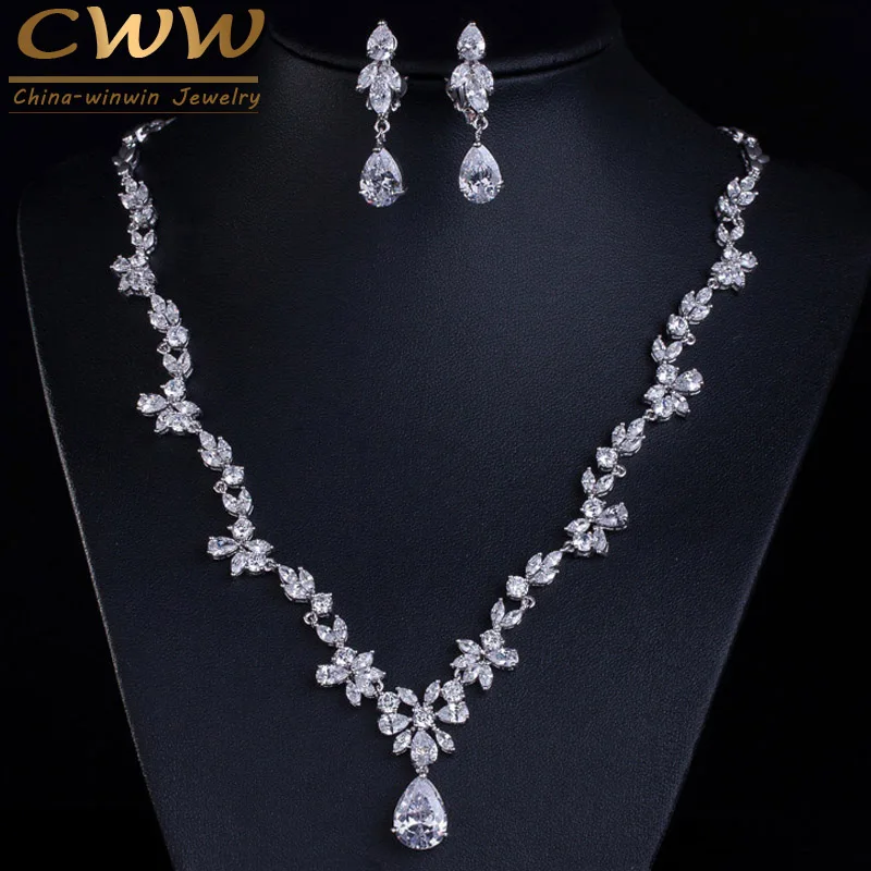 CWWZircons 2020 New Wedding Costume Accessories Cubic Zircon Crystal Bridal Earrings and Necklace Jewelry Sets for Brides T123