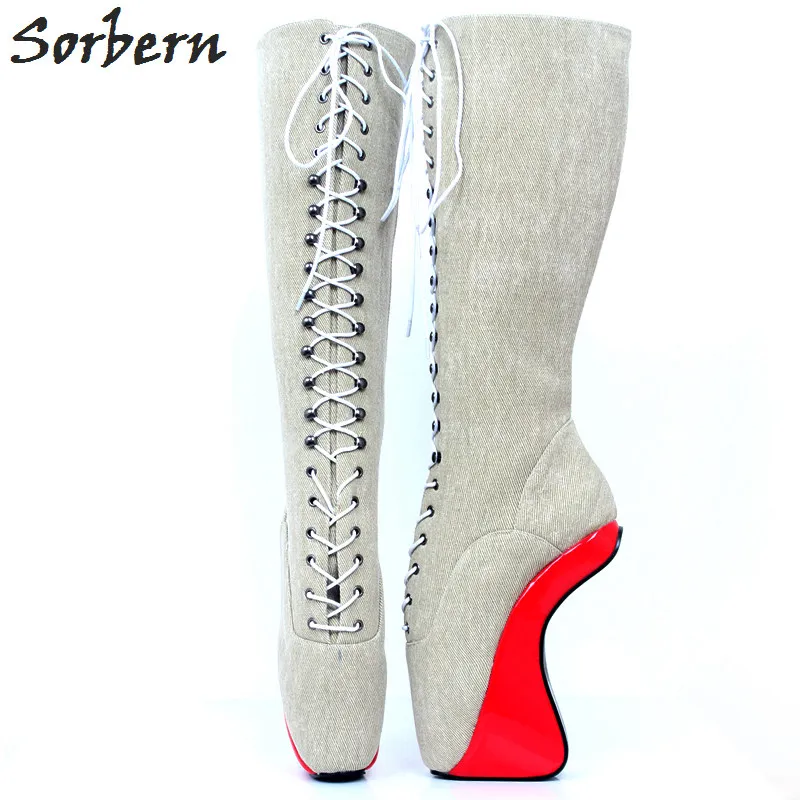 Sorbern Red Heels Khaki Boots Knee High Platform Boots Custom Drag Queen Shoes Lace Up Vegan Booty Crossdresser Fetish Boot