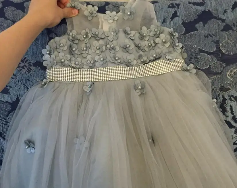 2017 Silver tulle Princess Girl Party Dresses Bead Appliques Tutu Wedding Dress for Christmas Kids Birthday clothes 12M-12Y