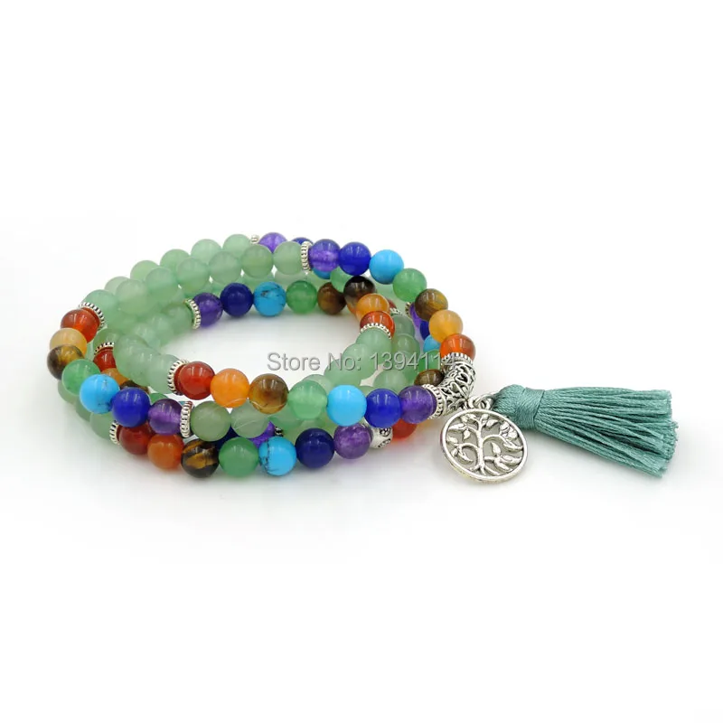 Balance Combination Of Green Aventurine And Chakela Stone Elasticated Beaded Bracelet Tree Life Accessory With Tassel