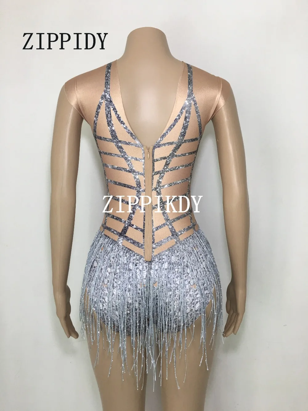 3 สีพู่ Rhinestones Bodysuit ผู้หญิงเครื่องแต่งกายหญิง Singer Dance Party สวมใส่ไนท์คลับเซ็กซี่ Bodysuits