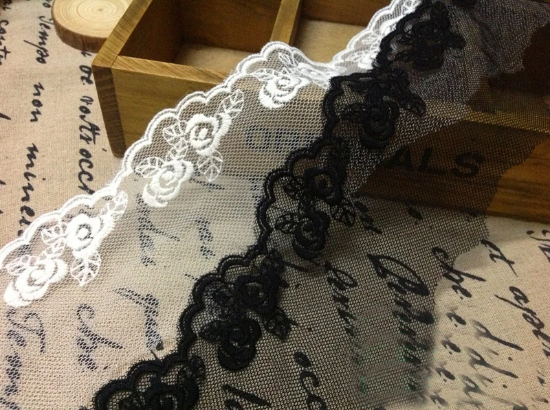 

10 yards/lot width 2.75" 7cm ivory/black mesh embroidery lace trim ribbon SL4K354