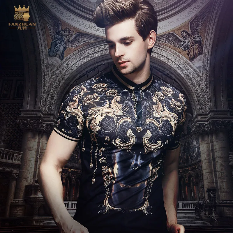 

Free Shipping New fanzhuan man male men's casual 2018 Summer Short Sleeved Baroque Print slim POLO Shirts personality 825136