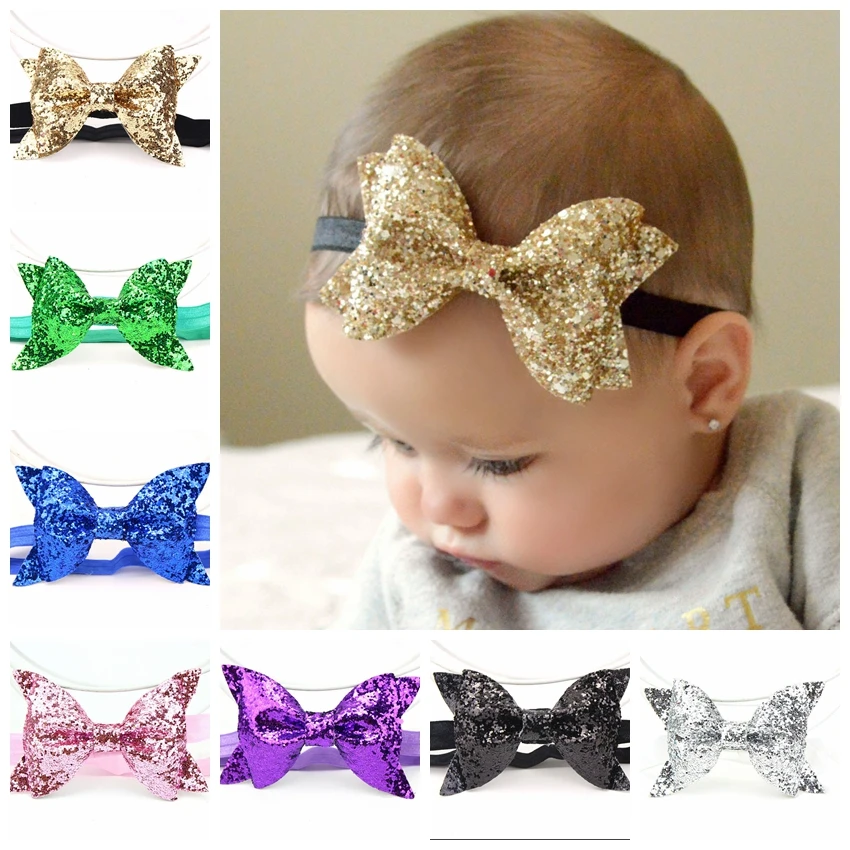 Yundfly Fashion Sequin Bow Hair Band Children Kids Headdress Baby Girls Head Wear Party Birthday Gift Newborn Photo Shoot