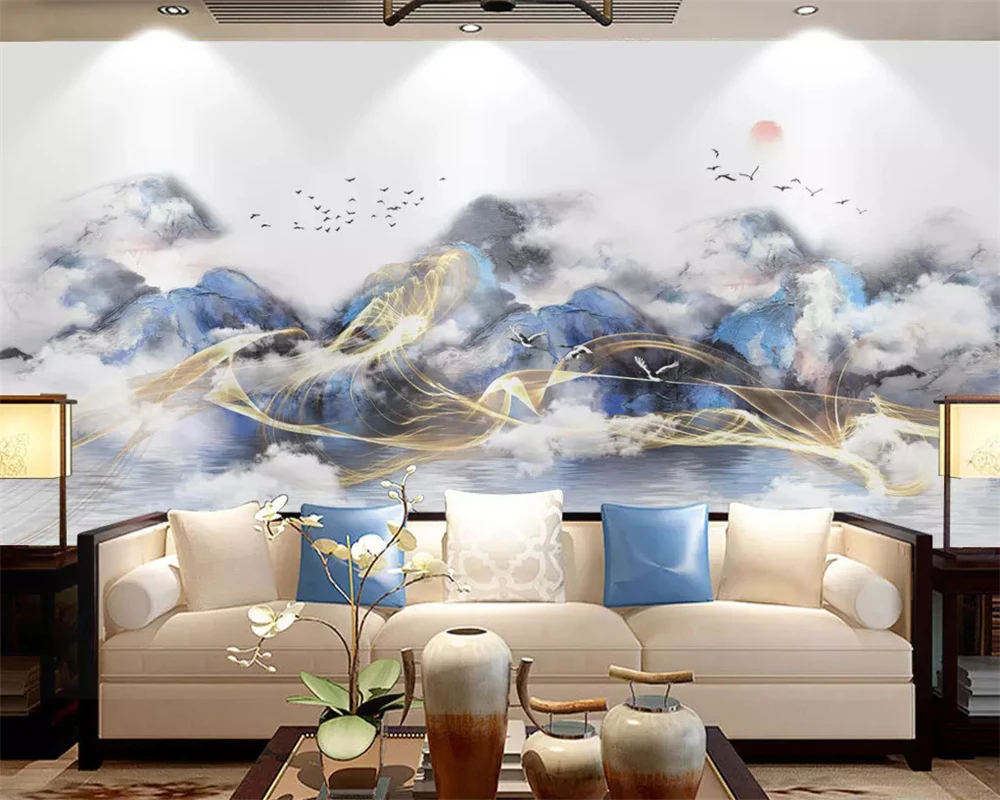 

beibehang Custom wall papers home decor silky wallpaper new Chinese abstract ink landscape oil painting cloud golden background