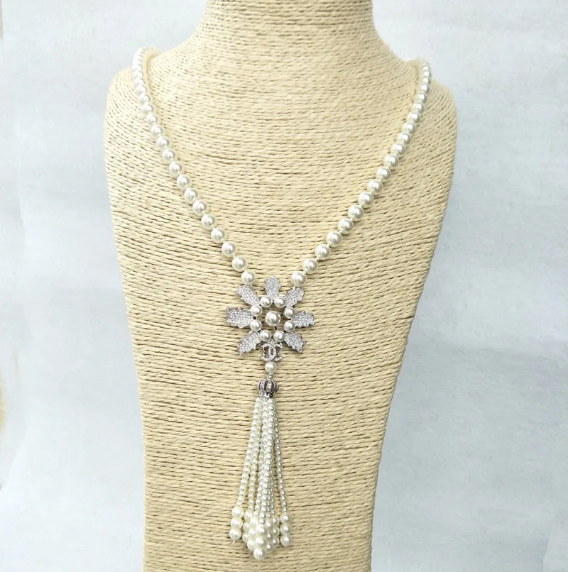 5pcs flower charm Pendant CZ zircon crystal Micro pave Connector, Shell Pearl Beads Chain tassels Women Necklace NK221