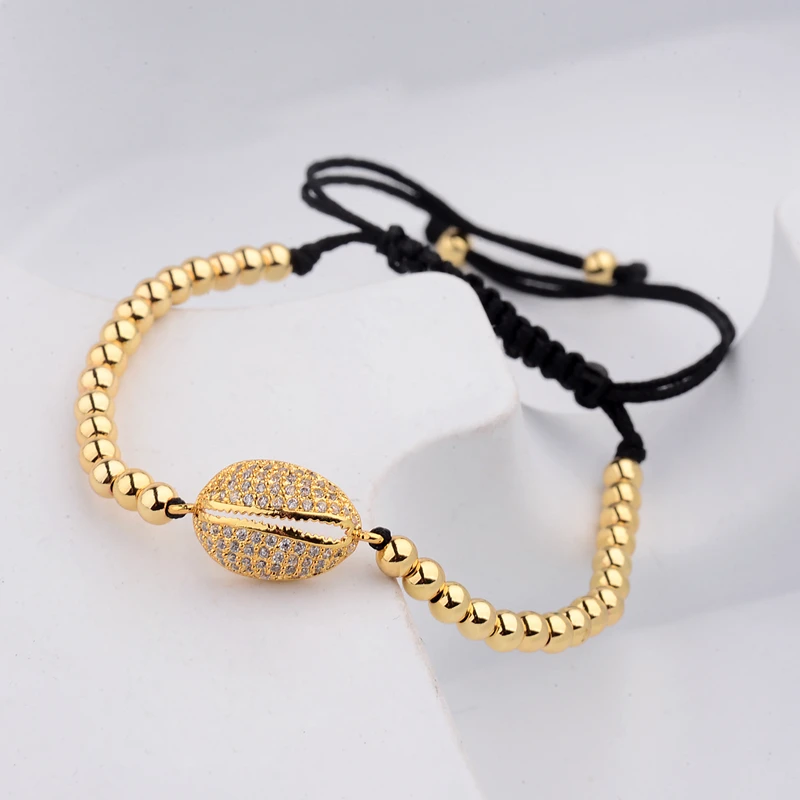 New Gold Color Diy Pave CZ Ball Charm Bracelet Men Women Braided Macrame Copper Beads Jewelry Gift For Men Women