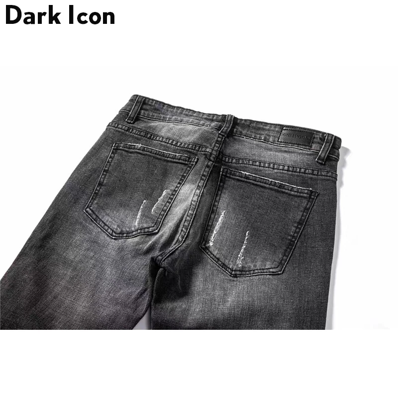 DARK ICON Pleated on Knee Men\'s Jeans High Street Motorcycle Denim Pants Men Full Length