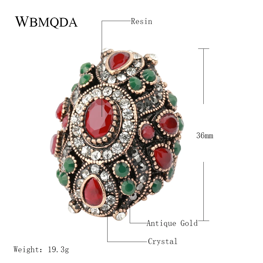 2018 New Bohemian Big Rings For Women Gold Luxury Ethnic Red Resin Crystal Crown Wedding Ring Vintage Jewelry Charm Gifts