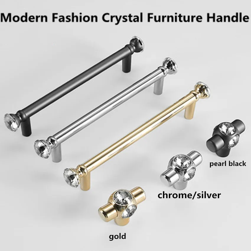 96 128 192mm modern fashion crystal silver gold win cabinet wardrobe kitchen cabinet door handle chrome pearl black drawer knob