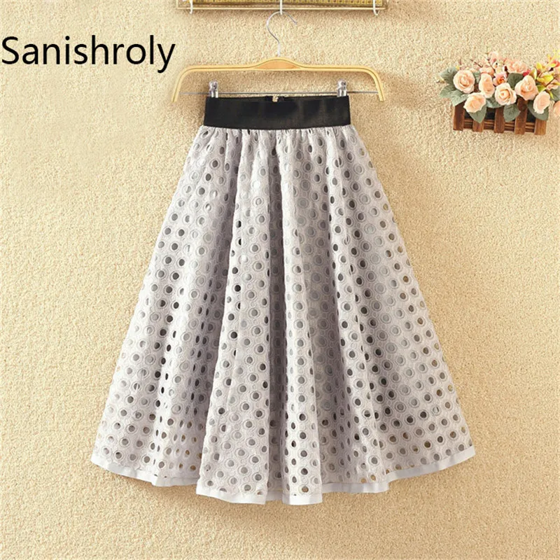 Sanishroly 2023 New Women Summer Sweet Skirt Dot Hollow Out Lace Skirts Female A-Line Mini Skirt High Waist Ball Gown Skirt S036