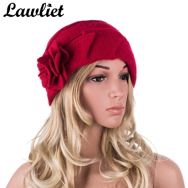 Lawliet Wool Hat Women Winter Hats Solid Floral Warm Knitted Ladies Beanies Skullies Bonnet Femme Bucket Cloche Winter Cap A376