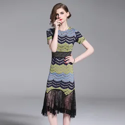 2023 summer new lace stitching short-sleeved fishtail Dress temperament slim bag hip sheath dress Striped patchwork Dresses