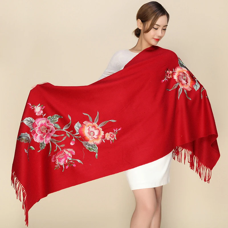 النساء التطريز الكشمير وشاح الشتاء شرابة الأزهار الباشمينا الحجاب الزهور الأوشحة السميكة طويلة الدافئة شالات المرأة الأوشحة الدافئة #4