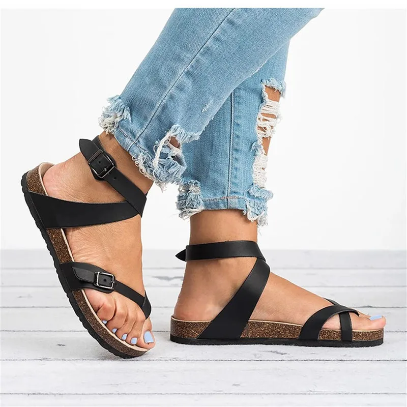 Summer Women Thong Sandals Gladiator Cross Ankle Strap Sandals Platform Metal Buckle Flats Ladies Beach Shoes Plus Size