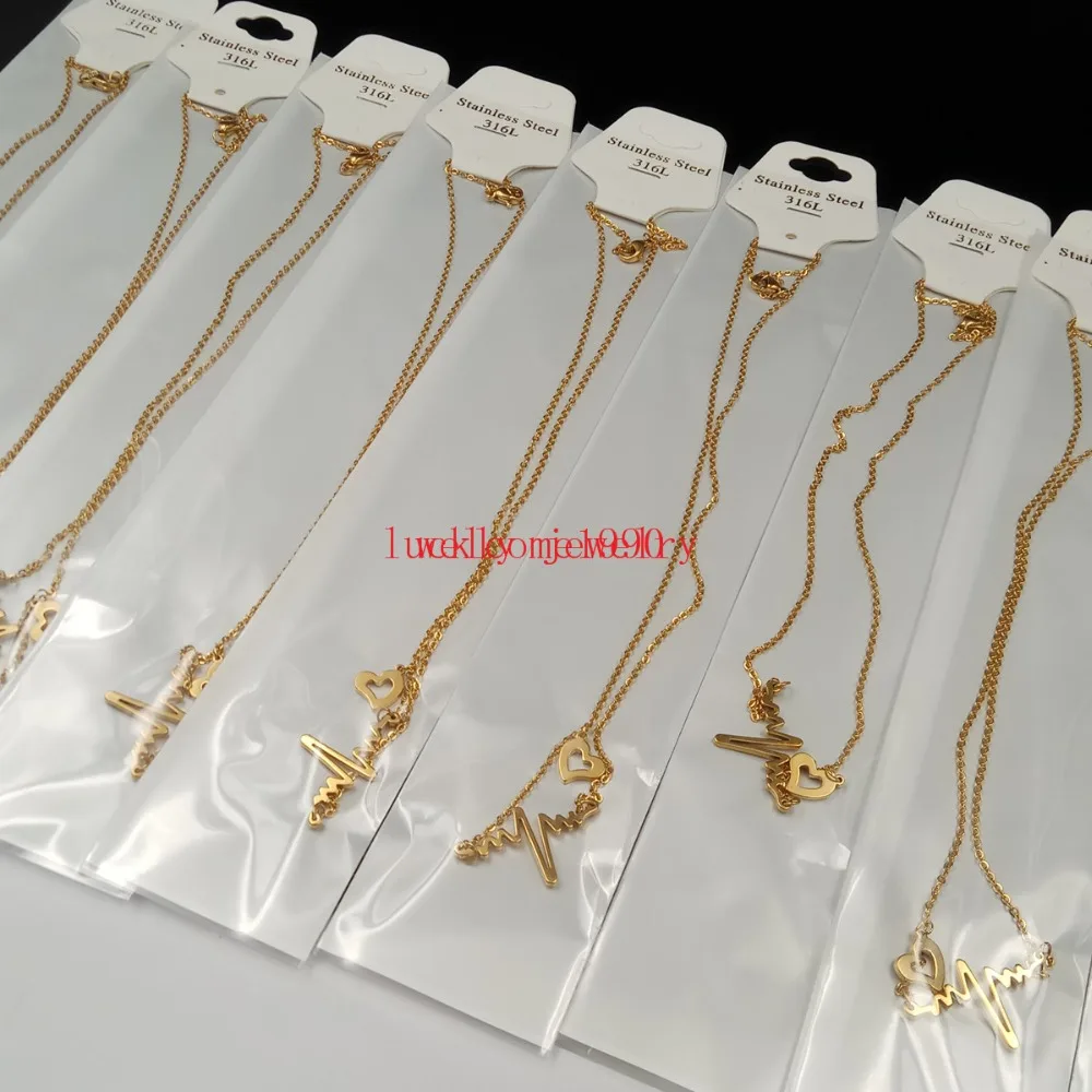 10pcs Lot in bulk Gold Necklace Heartbeat Rhythm with Dangling Stainless Steel Jewelry for women Girls