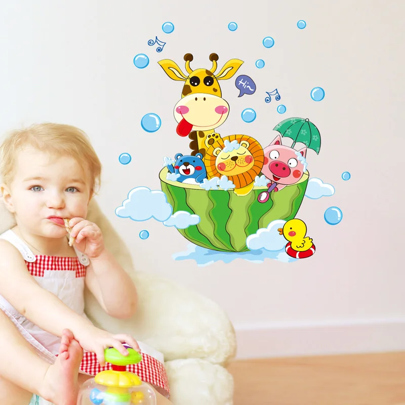 Cartoon Animals In The Bath Wall Sticker For Kids Baby Rooms Decor Bathroom Home Decoration Art Decals Cute Shower Wallpaper