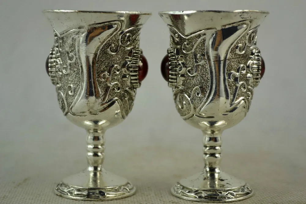 Handwork Miao Silver Carving Pattern & Inlay Red Bead Wine Cup metal handicraft