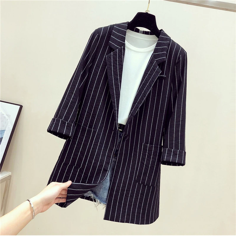 2022 Spring Autumn Women Blazers Notched Collar Stripe Suit Coat Casual Office Female Blazer Slim Outerwear 4XL R935