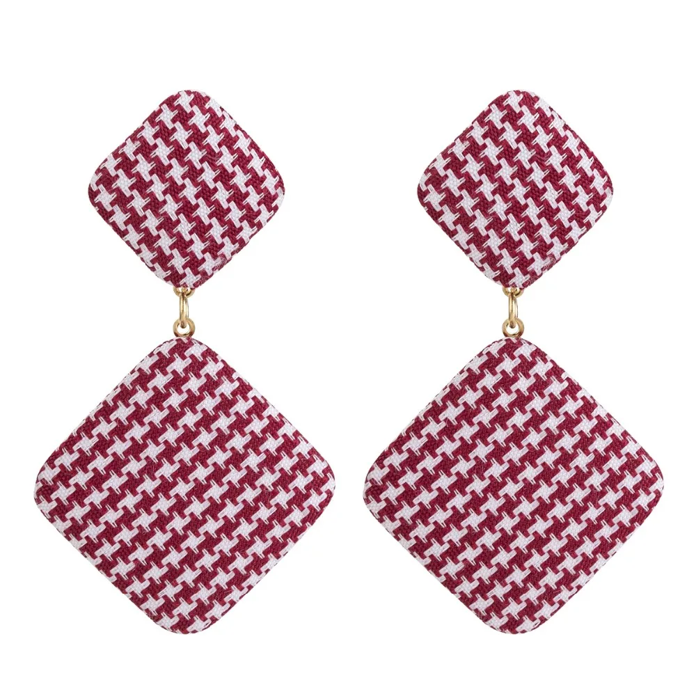 Elegant 4 Colors Houndstooth Plaid Fabric Round Square Geometric Earrings for Women Girls Cloth Jewelry Accessories Gift