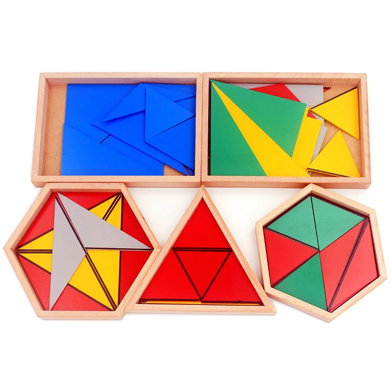 High Quality Wooden Montessori Materials Toys Constructive Triangles Rectangular Pentagon 5 Sets Early Preschool Educational