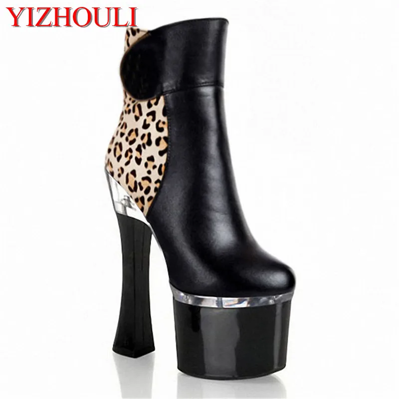 

18-20cm high heel black leather boots, model banquet performance, sexy leopard print decoration, stage ankle boots