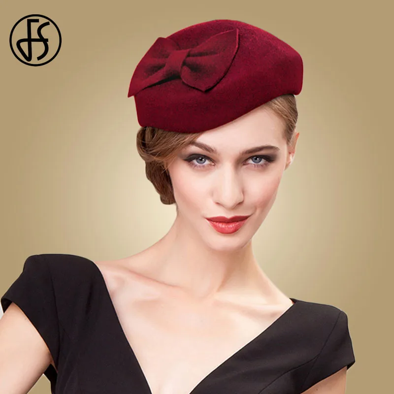 FS 100% Wool Black Pillbox Hats Fascinator For Women Elegant Wedding Felt Fedora Hat Derby Tea Party Formal Ladies Church Hats