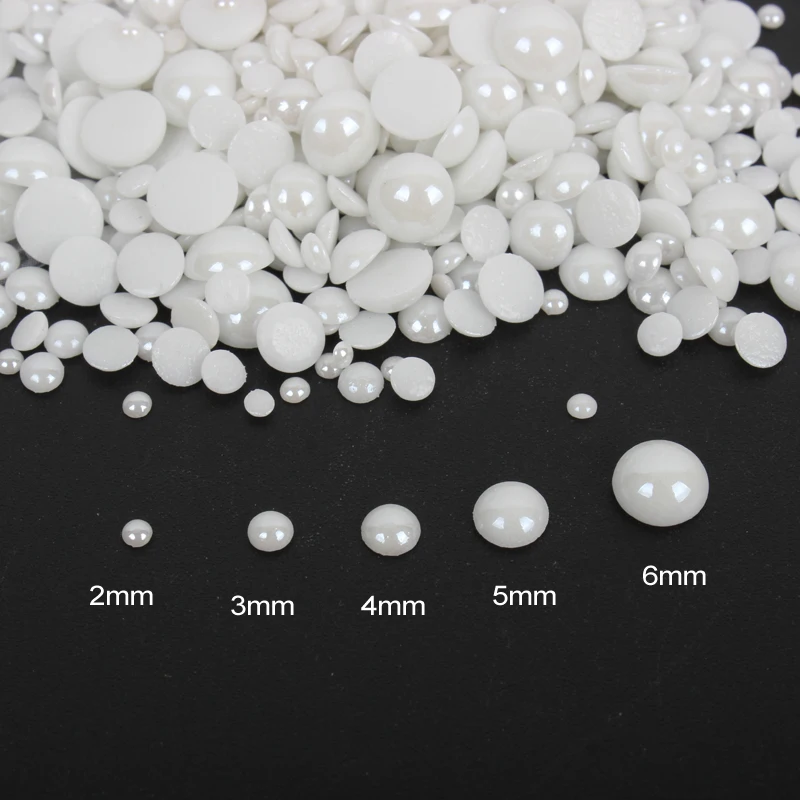 1000pcs/lot white/black Mix Sizes Ceramic Beads Half Round Flatback Pearl 2mm-6mm mixed for DIY Glue Nail Art Garment