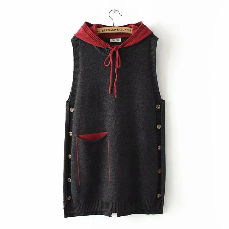 Autumn Pocket Button Casual Knitted Vest Women Sweater 2022 Winter Warm Hooded Loose Waistcoat Sleeveless Jacket Outerwear 4XL