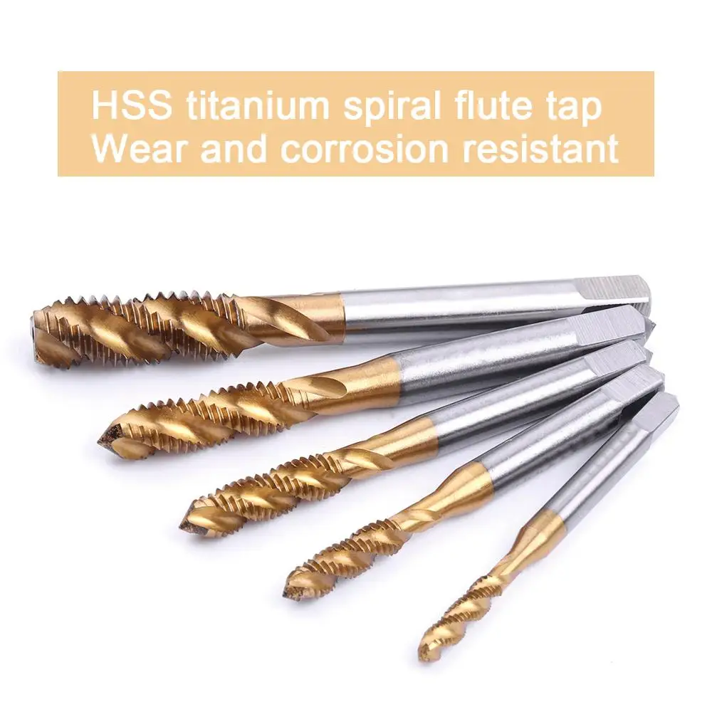 5Pcs M3 M4 M5 M6 M8 High-speed Steel Titanium Coated Spiral Fluted Screw Tap Metric Right Hand Thread Tap Hand Tool