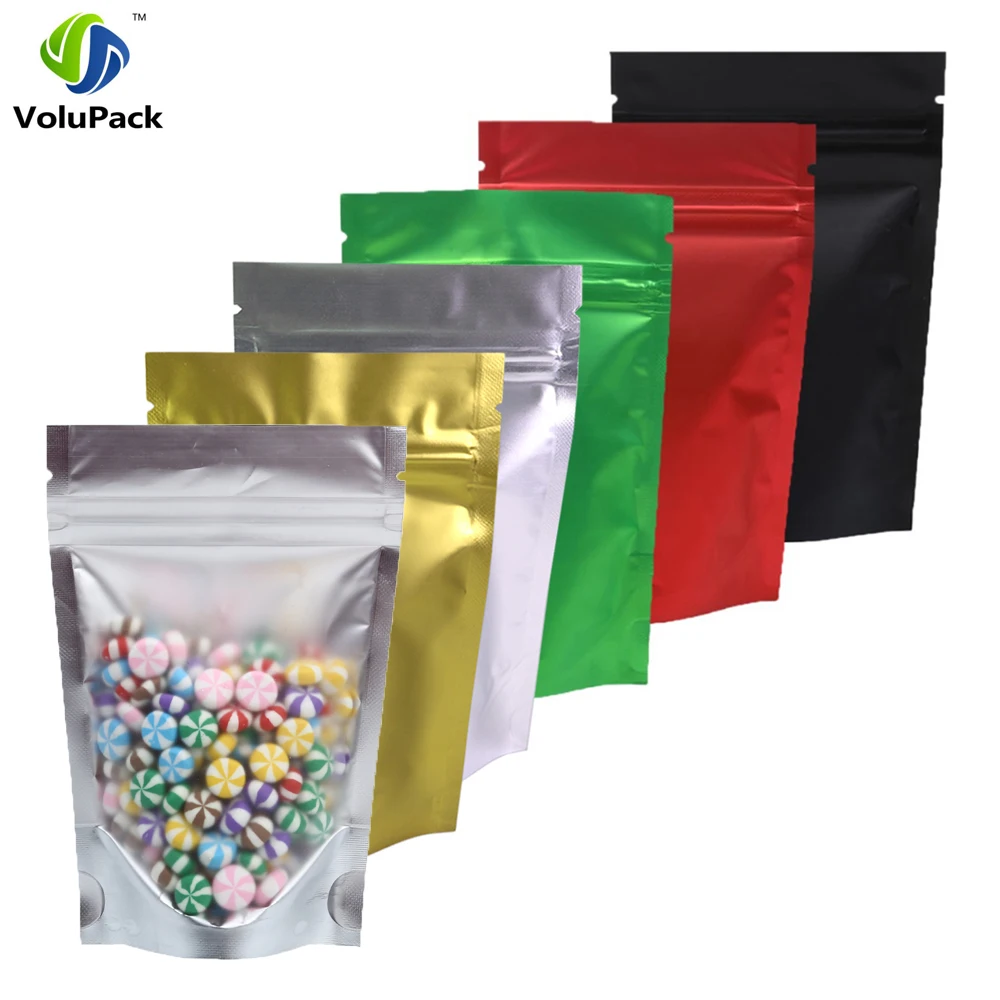 100pcs Metallic Stand Up Doypack, Clear Window Reusable Smell Proof Bag Food Storage Package Aluminum Foil Mylar Pouch