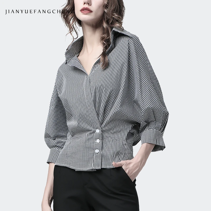 Camisa de xadrez estilosa para mulheres, blusa de 3/4 manga com gola solta e de emagrecimento, elegante e simples de escritório para mulheres