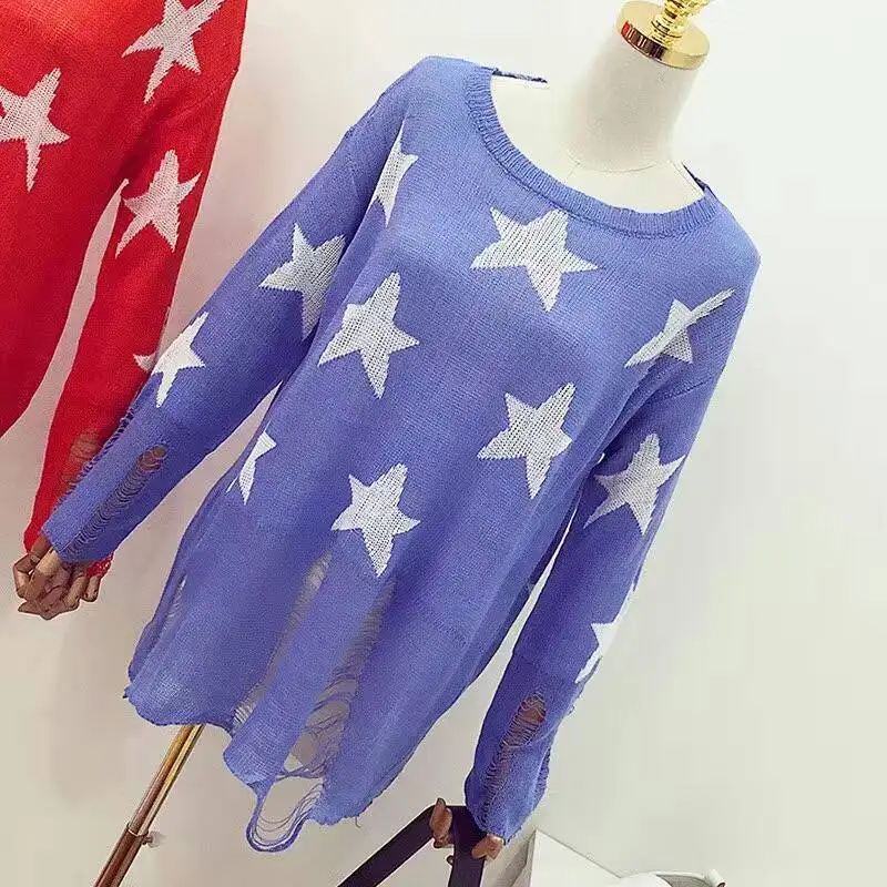 spring Long Sleeve Lovely Female Star Pullovers Fashion Loose Black ripped sweater Holes Hipster cute thin sweaters Outwear Tops